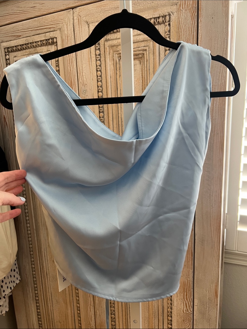 Commense Light Blue Satin Cowl Neck Tank Top